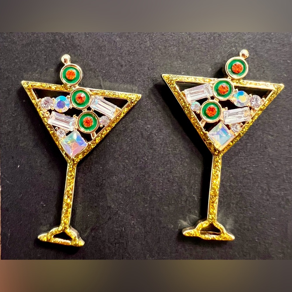 Martini Glass Post Earrings with Crystals, Glass in Gold🍸✨NWOT - Picture 5 of 6